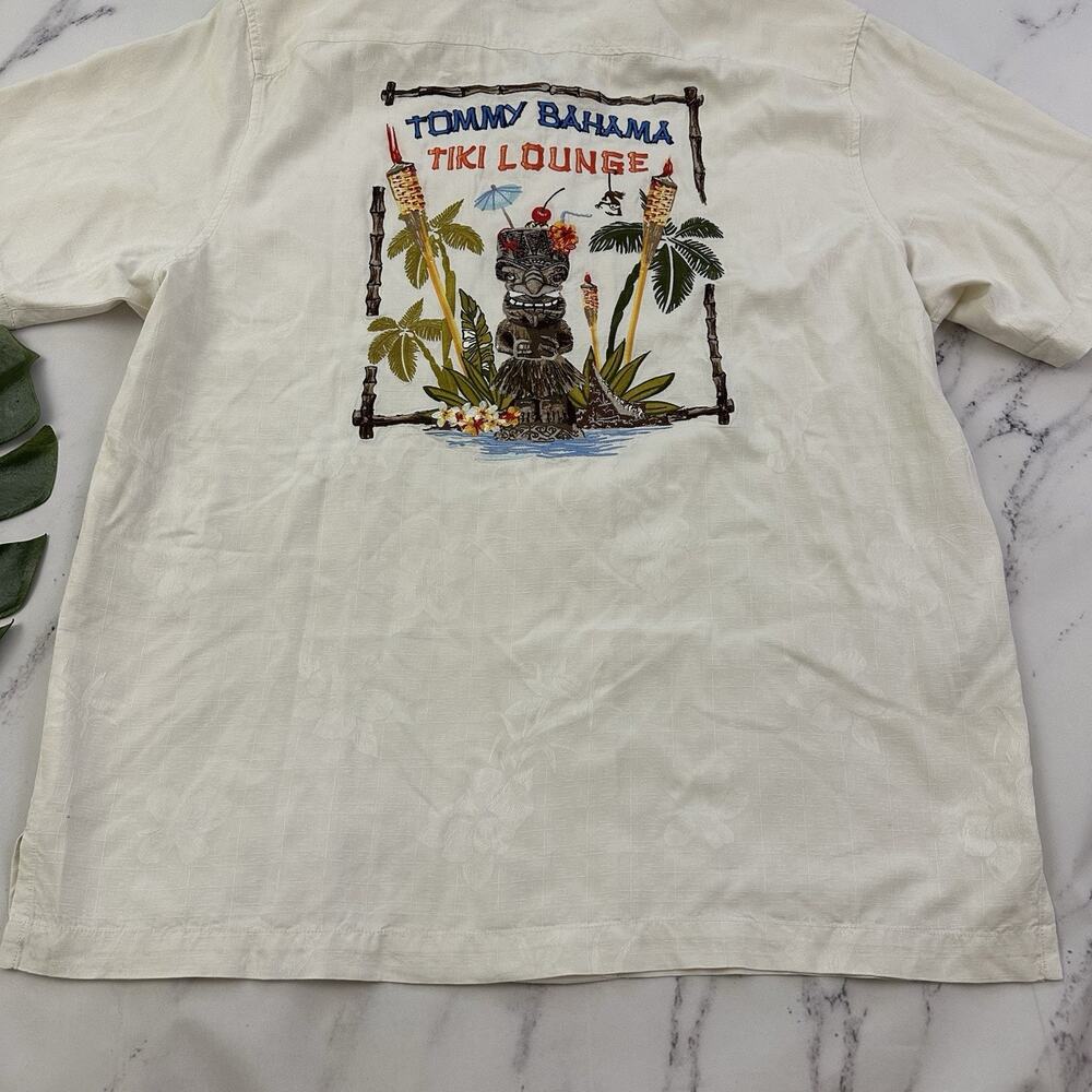 Tommy Bahama Tiki Lounge Embroidered Hawaiian Shirt Size L Cream Silk Tropical - Picture 13 of 13